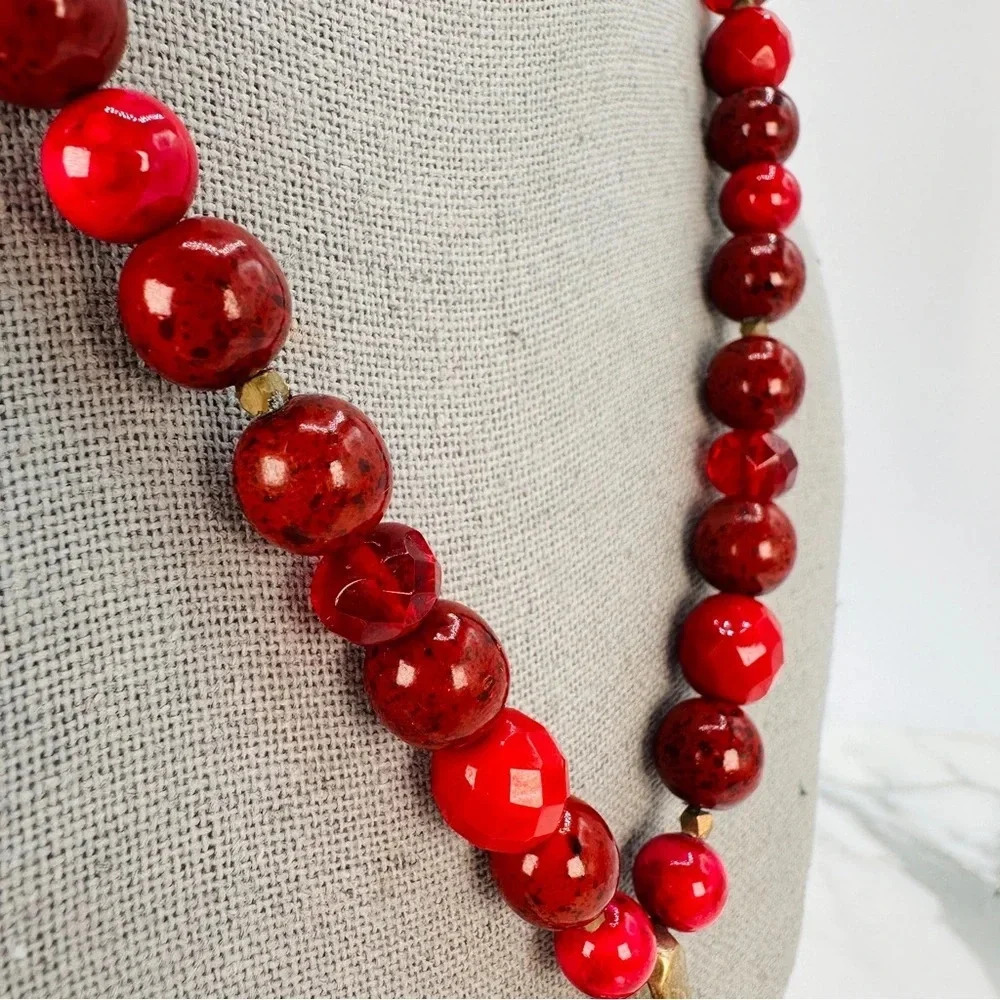Chico’s Statement Pendant Necklace Signed Red Pink and Burgundy Gold-ton… - Picture 7 of 11
